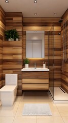 Modern Bathroom Interior Design with Wood Paneling, Vanity, Shower, Toilet, and Plants for Relaxation and Functionality.