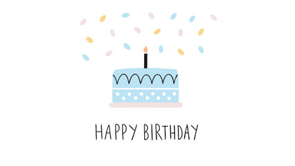 Illustration of a two tiered light blue birthday cake with a candle and confetti on a white background