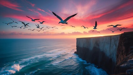 Seagulls Flying over Ocean Cliff at Colorful Sunset Near Waves