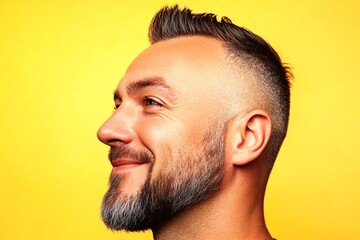 Obraz premium Artwork of style for aging men. Elegant men's classic short back and sides haircut - midlife white man with hair. Yellow solid background. A classic and stylish male with a natural smile.