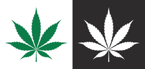 Cannabis Leaf Icon Green and White on Black and White Background