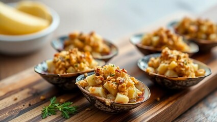 Fototapeta premium seafood appetizer gourmet styling background blur close-up texture highlight cheese pull 