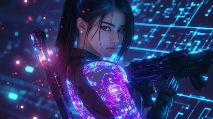 Fototapeta premium A futuristic female warrior with glowing cybernetic enhancements.