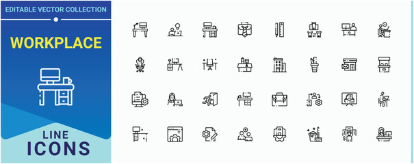 Workplace line icon set. Contain linear symbols meeting, employee, teamwork, team and more. Office icon set. Thin web icons. Pixel perfect. Vector illustration.