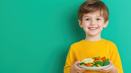 Cheerful child holding healthy plate of fresh vegetables and dip against vibrant green background, promoting healthy eating habits