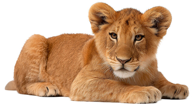 A young lion cub resting calmly with a curious gaze against a simple solid color setting scene view on transparent background - Powered by Adobe