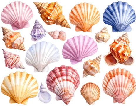  - Hand-Drawn Watercolor Illustration of Mixed Seashells with Scallops, Isolated PNG
