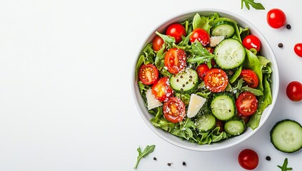 A bowl of fresh salad with vegetables and Parmesan cheese on a white background, in a flat lay arrangement. Space for text or product presentation concept. Top view, copy space banner template, 