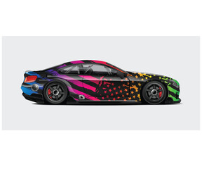 Colorful Abstract Race Car Design with American Flag Elements