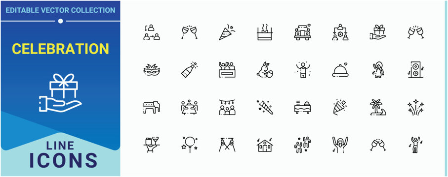 Celebration line icon set. Contains related to entertainment, festival, fun, party, entertain, event and more. Party icon pack. Outline icons collection. Pictogram and infographic.