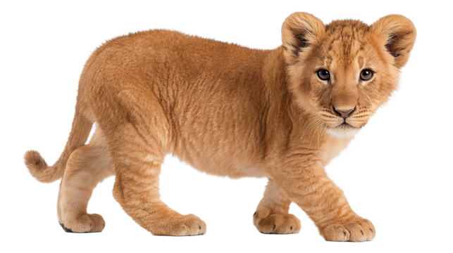 A small lion cub walking and looking forward with a curious and playful expression on its face on transparent background