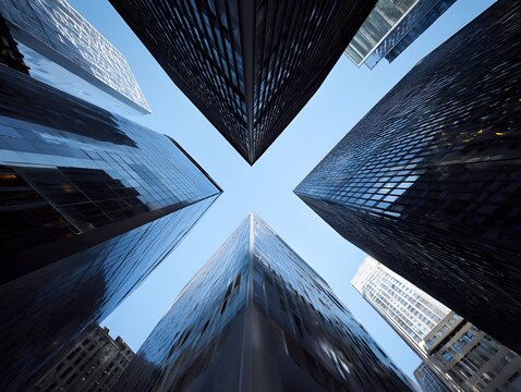 X-Formation Skyscrapers from Street View: Minimalist Geometric City Skyline Commercial Background