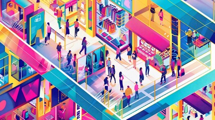 Vibrant, bustling shopping mall, isometric view, diverse shoppers, colorful stores