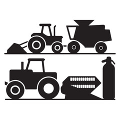 Farm Equipment Tractors and Combine Harvester Silhouettes