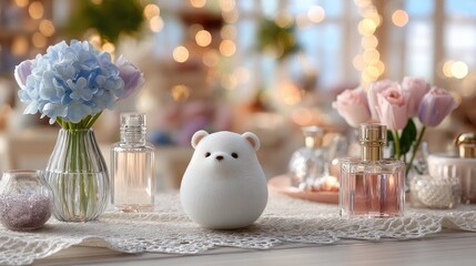 Obraz premium A small white teddy bear sits among vases of blue tulips and pink roses, accented by scattered perfume bottles and soft lighting