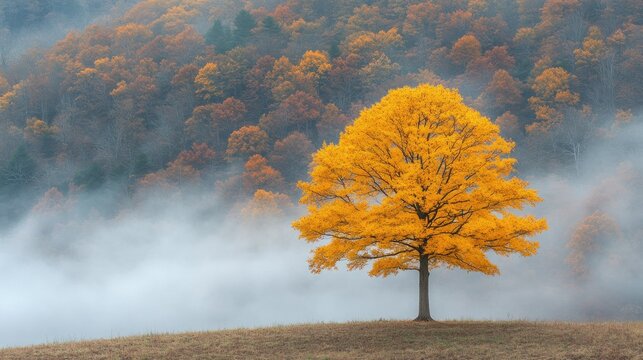 Autumnal solitary tree in misty landscape