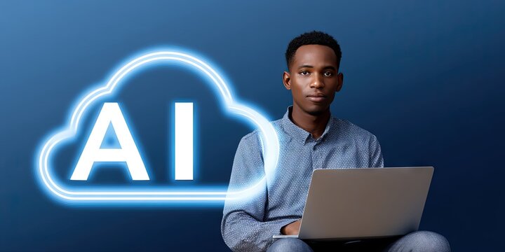 african american businessman using laptop. virtual ''AI'' text and cloud computing backup icon. 