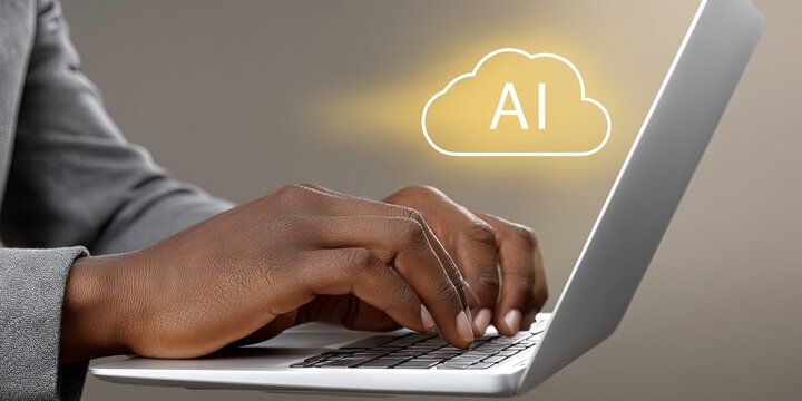 african american businessman using laptop. virtual ''AI'' text and cloud computing backup icon.  - Powered by Adobe