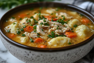 Delicious chicken soup with dumplings, carrots, and herbs in a rustic bowl.