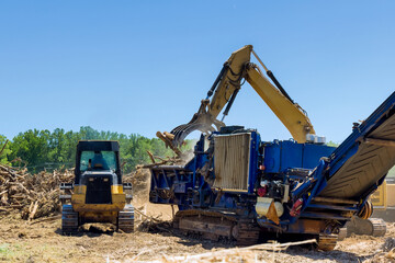 Workers use powerful machinery to process fallen trees wood waste ar work day in forest area.