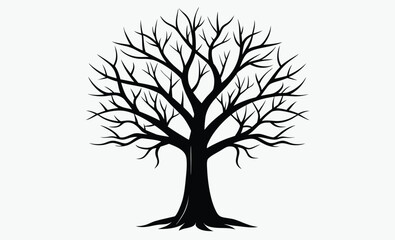 Bare tree silhouette, leafless tree drawing, spooky tree outline, hand drawn illustration