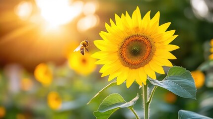 Obraz premium A bee landing on a bright sunflower growing in an eco-friendly urban garden