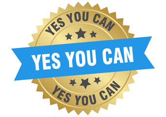 yes you can. yes you can round blue and gold label isolated on transparent background