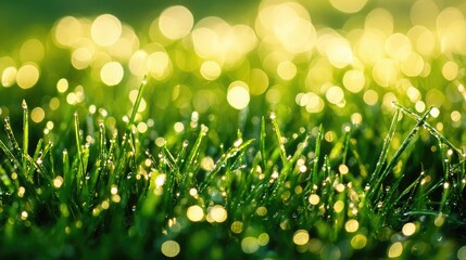 Obraz premium A close-up of dew-covered grass in the early morning sun, sparkling with moisture
