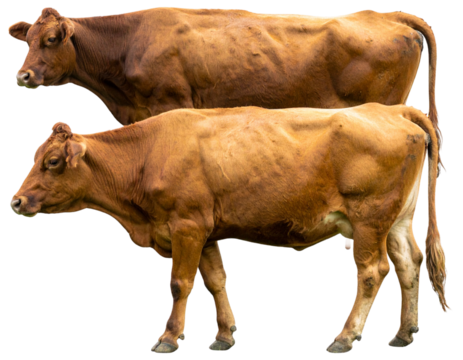  - Set Brown Cow Grazing with Head Down and Tail Flicked to Side, Isolated PNG