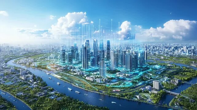 Futuristic city skyline with advanced technology and lush greenery along the riverbank