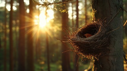Birds' nests safely built among untouched tree branches in natural forest