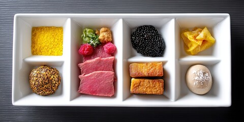 overhead photo of school cafeteria tray filled with: saffron, caviar, wagyu beef, white truffles, foie gras 