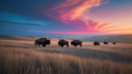 Bison herd walking through grassy field under vibrant sunset sky