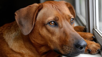 A black dog sits calmly outside, its expressive eyes reflecting curiosity and intelligence amid a cheerful outdoor atmosphere