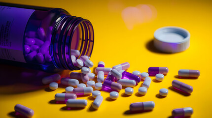 flask of medicine pills, capsule spilling out of the bottle. On yellow background