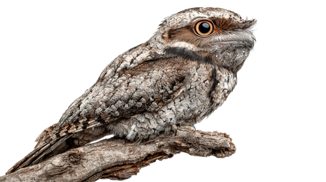 Tawny frogmouth perched on a branch with detailed feathers and focused gaze in a studio setting view on transparent background