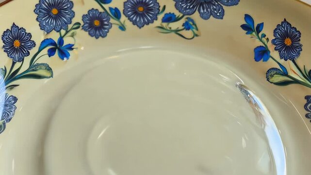 Close up handmade  porcelain dish with rich floral motifs is displayed. Its classic design enhances any table setting, adding refined charm and a touch of sophistication. Italian souvenir
