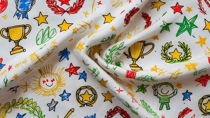 Crayon-style texture featuring victory symbols &mdash; trophies, stars, raised hands, and laurel wreaths in playful colors.