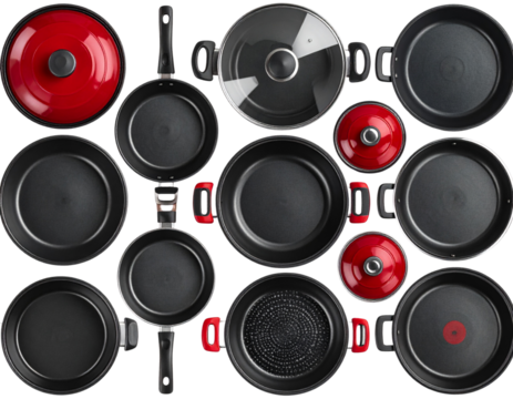  - Top View of Assorted Red and Black Nonstick Cookware Set, Neatly Aligned, transparent background png
