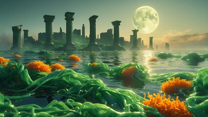 Ancient Ruins and Flowers Floating on Water Under a Full Moon