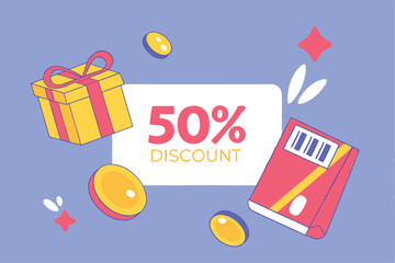 Fototapeta premium 50% discount sale promotion with gift boxes and product package