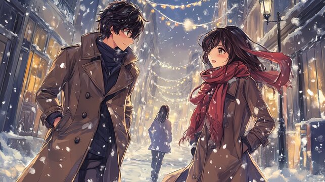 Two figures stroll through a snow-dusted winter street.