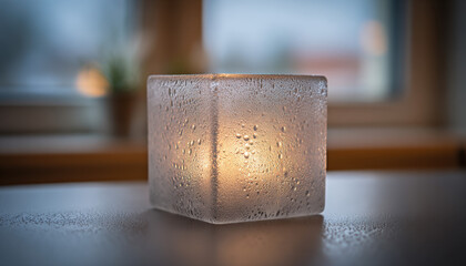 Frosted glass cube candle holder glows with soft light, creating a warm ambience in a cozy indoor space with a scenic view