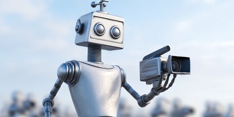photo of ai robot dressed as director holding professional camcorder on movie set -