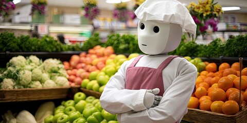 photo of ai robot dressed as grocer standing in grocery produce section 