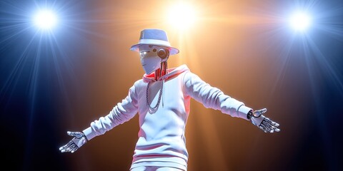 photo of ai robot dressed as hiphop rap star performing on stage