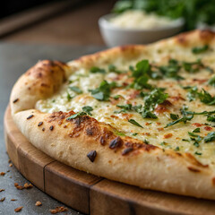 Close-up of pizza crust showing herbs and crispy texture