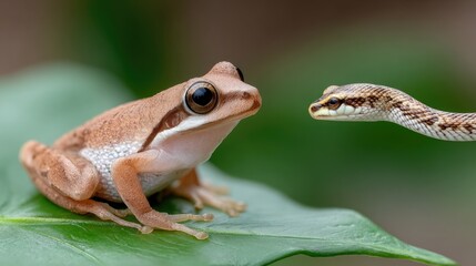 Obraz premium A green tree frog sits calmly on a leaf while a small snake with tongue extended readies to catch its next meal