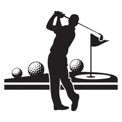 Golfer Swinging a Club with Golf Ball, Flag, and Hole Silhouette