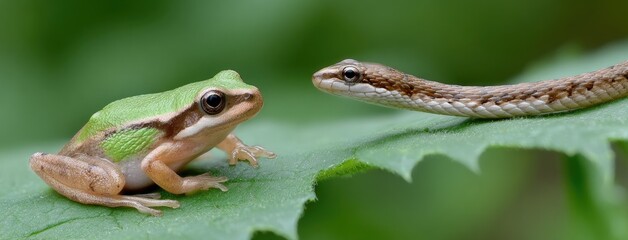 A green tree frog sits calmly on a leaf while a small snake with tongue extended readies to catch its next meal